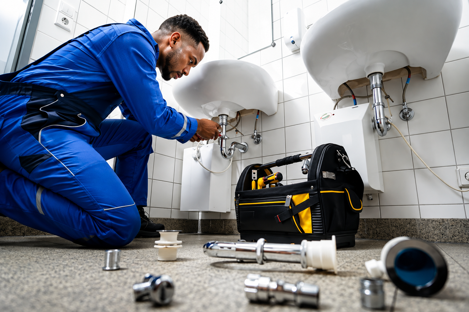 Plumbing technician fitting a sink trap with tools laid out on the floor