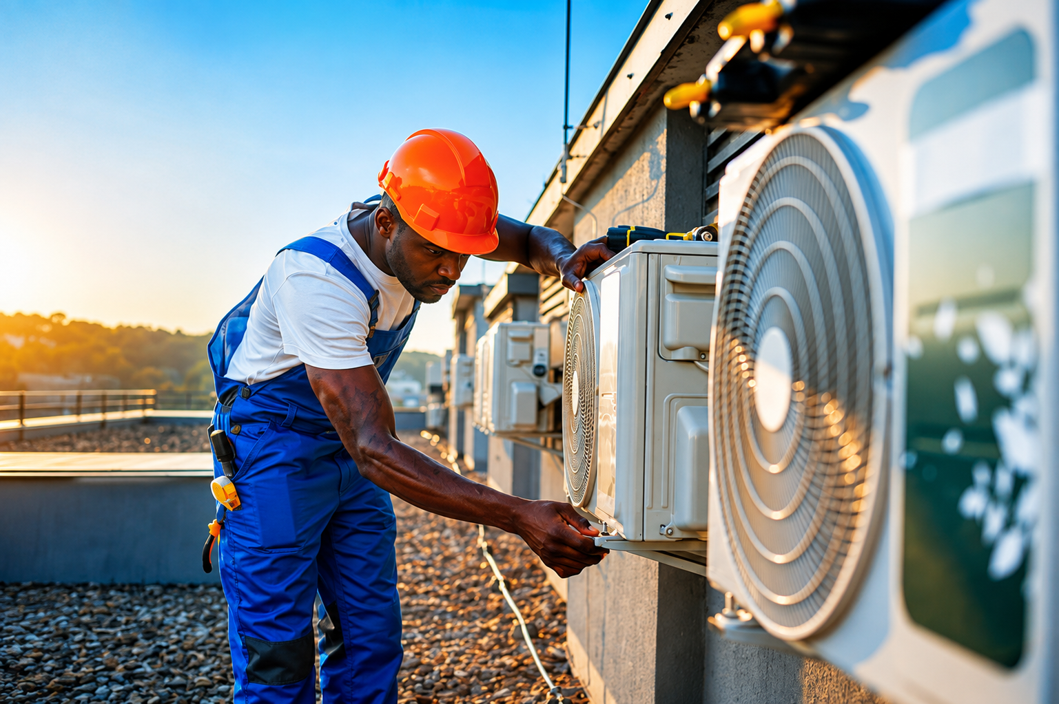 AC technician servicing rooftop condenser units at sunrise